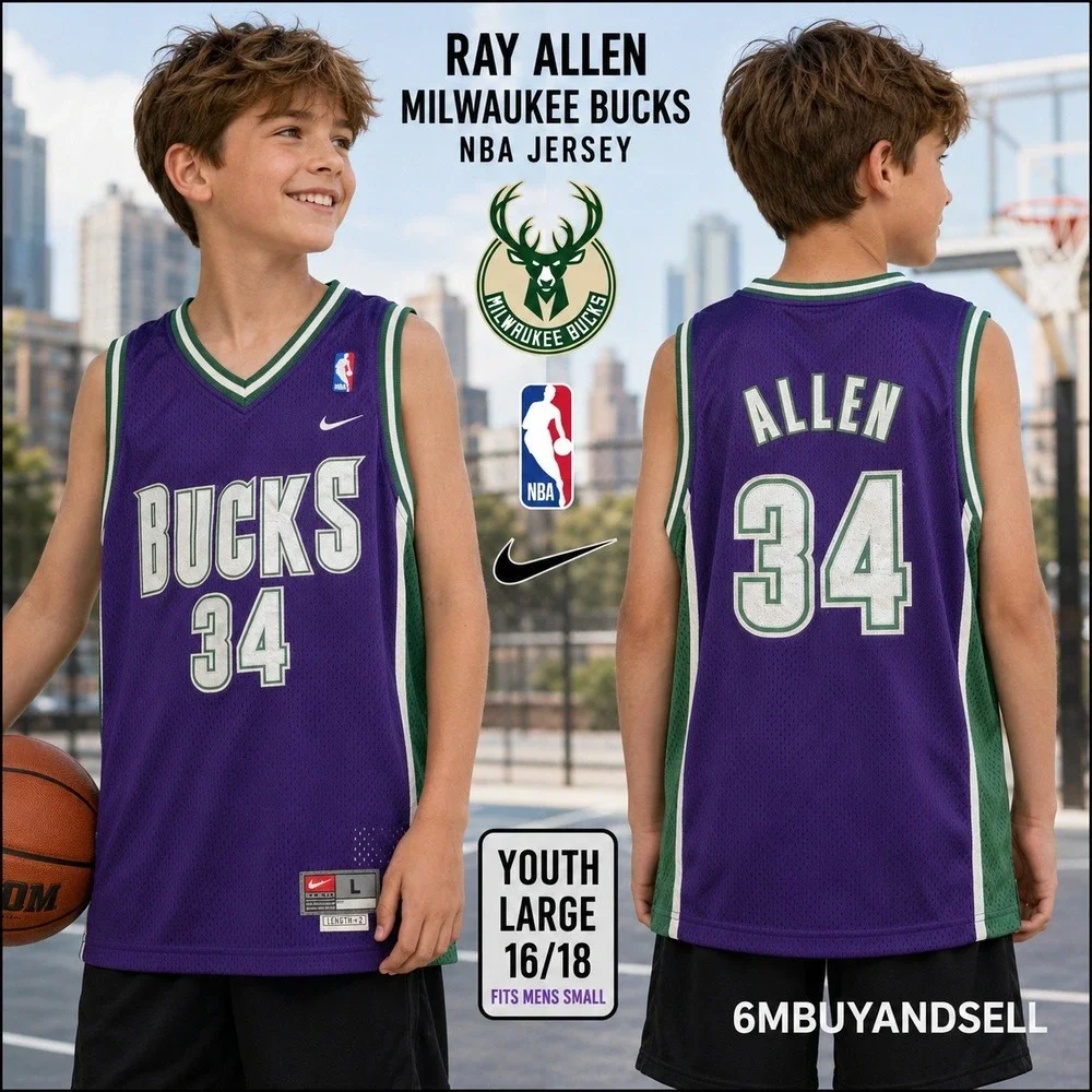 Nike Ray Allen #34 Milwaukee Bucks Jersey Youth L 16/18 Purple Green NBA Vintage